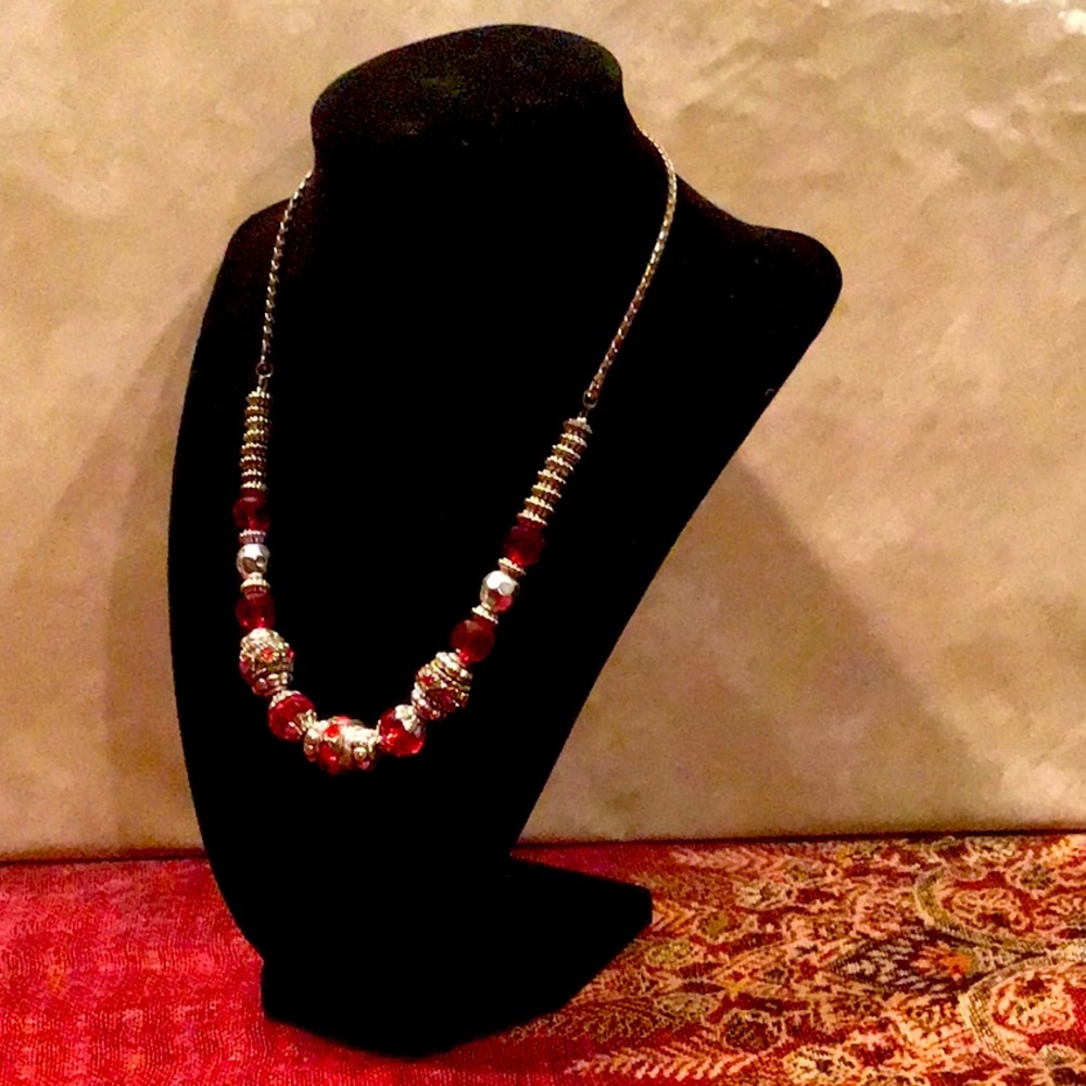Multi Beaded Red & Faux Silver Necklace